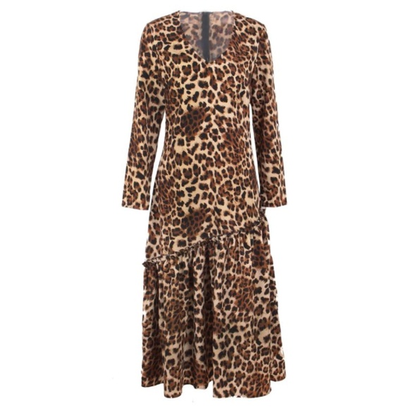 Leopard Print V Neck Ruffle Maxi Long Sleeve Dress !LAST ONE! - Picture 3 of 8
